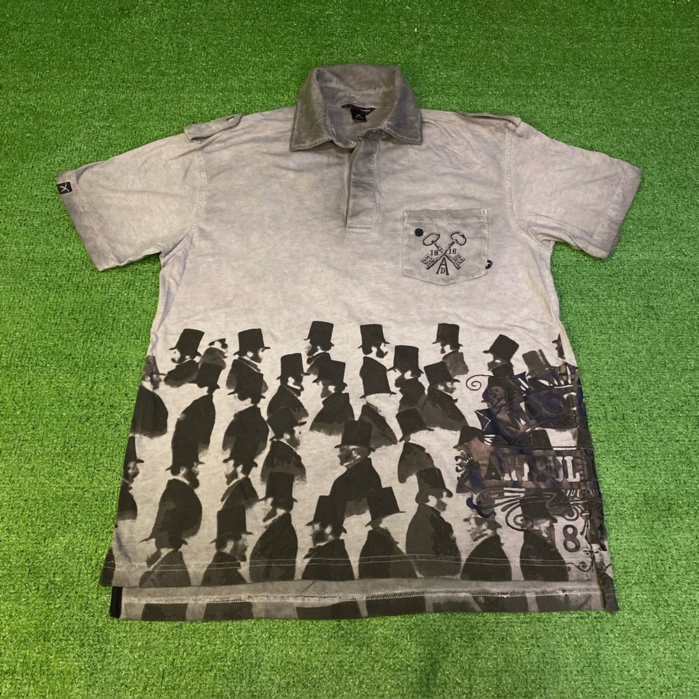 Vintage Y2K Artful Dodger Streetwear Polo 1900s Statement Polo AOP Gray Black Lg